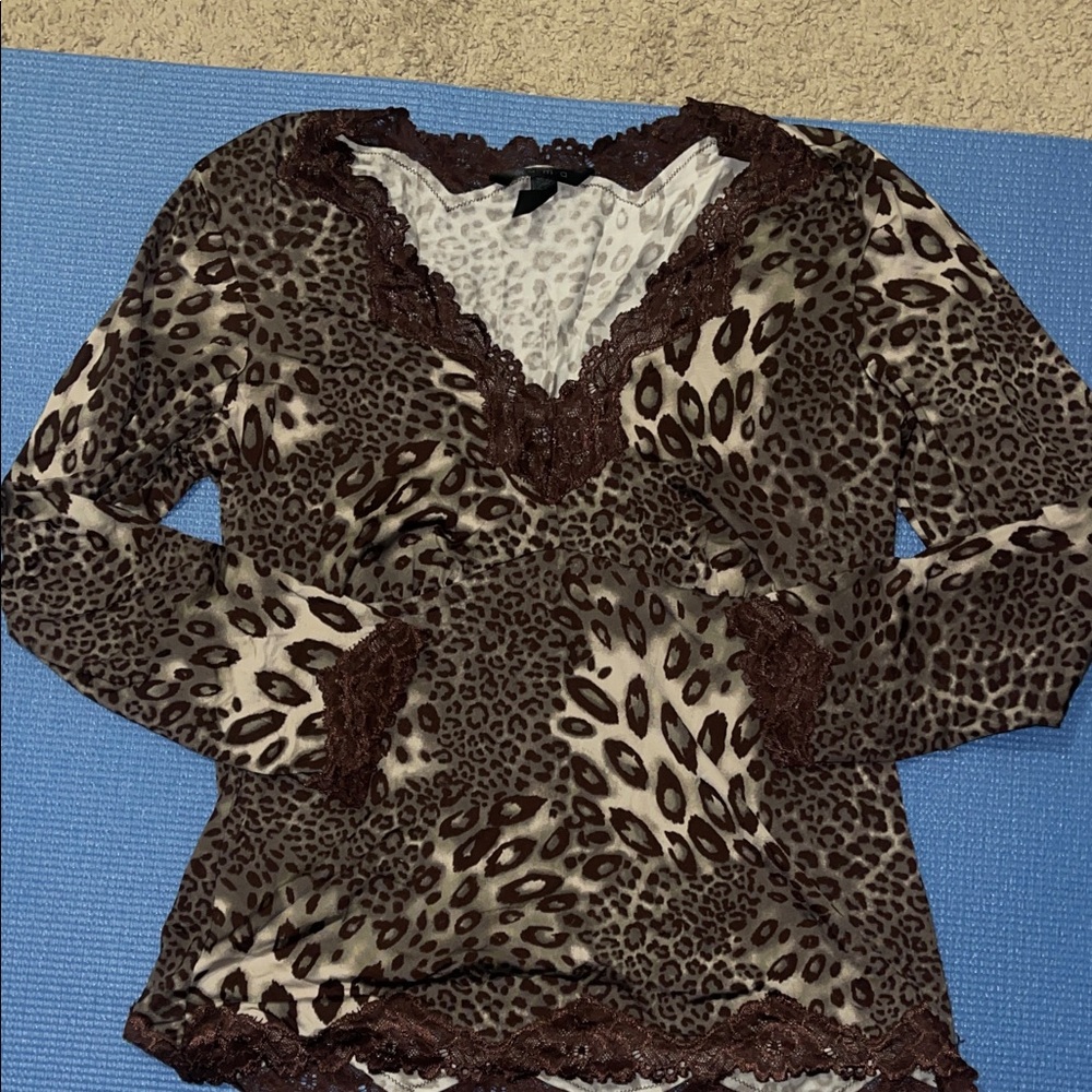 Soma Brown Leopard  brown Lace Long Sleeve Top
